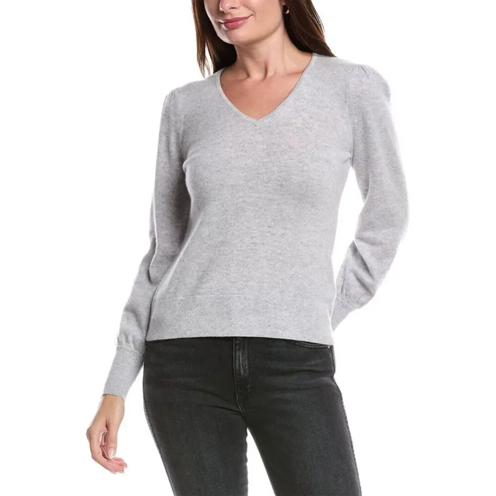 Forte Cashmere Womens  Gathered Sleeve Cashmere Sweater, Grey